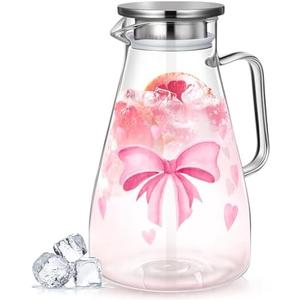 Domensi 74 oz / 2200 ml Glass Pitcher with Lid Water Pitcher with Handles Beverage Water Jar Glass Jug Hot and Cold Resistant Carafe for Tea Juice Milk Coffee Iced Beverage (Pink Bow)
