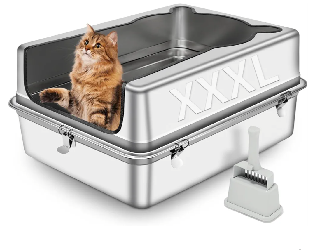 Extra Large Stainless Steel Cat Litter Box, 27.5" L x 19.7" W x 12" H XXXL Semi Enclosed Removable Metal Litter Tray with High Sided Enclosure, Scoop, Anti-Leakage, Non-Sticky, Easy Cleaning