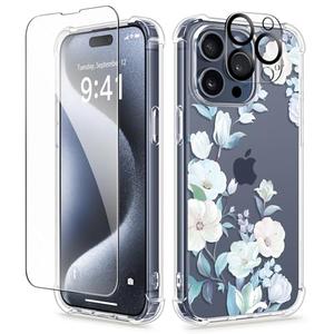 GVIEWIN for iPhone 15 Pro Case, [3 in 1] with Screen Protector & Camera Lens Protector, Clear Hard Shockproof Slim Fit Floral Phone Cover for Women Girls 2023 6.1" (Hibiscus), Pack 2