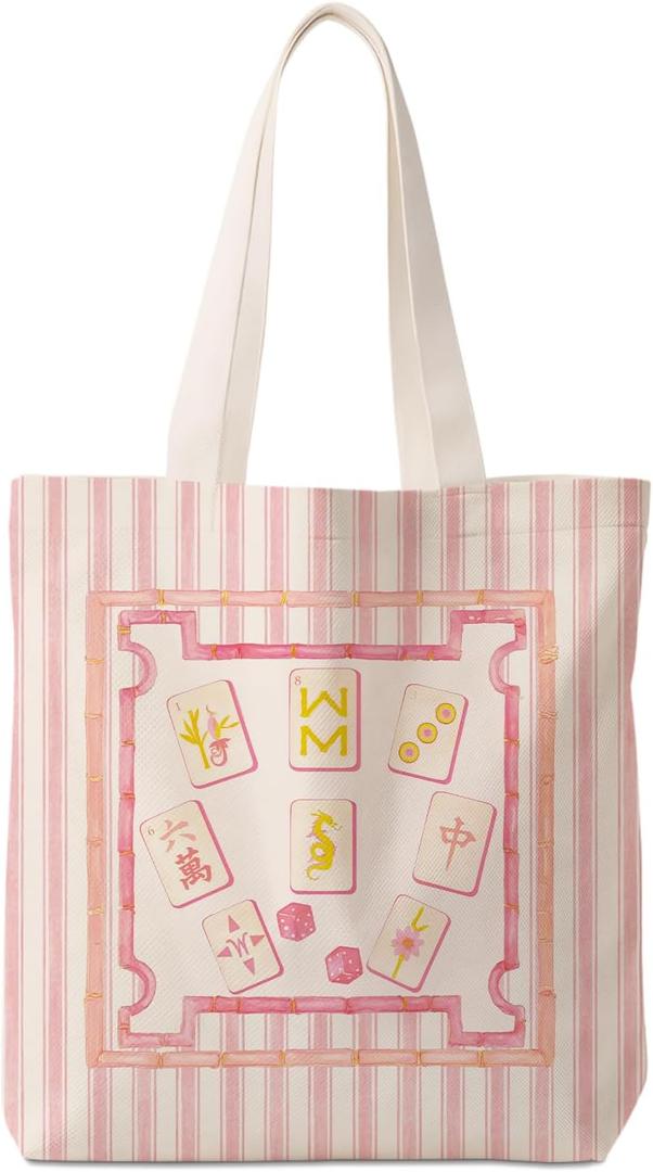 Pink Chinoiserie Mahjong Tile Tote Bag for Women,Chinoiserie Mah Jong Canvas Tote Bag,Gifts for Mahjong Lovers,Pink Stripe Aesthetic Reusable Shopping Grocery Bags Party Favors