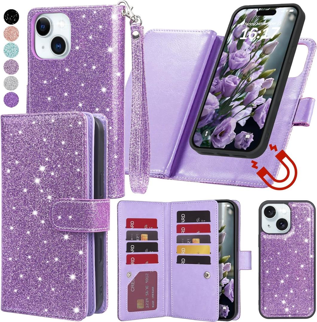 Varikke for iPhone 15 Plus Wallet Case Detachable with Card Holder for Women, Fashion Glitter Leather Strap Strong Magnetic Flip Wallet Removable Phone Case Cover for iPhone 15 Plus 6.7", Light Purple