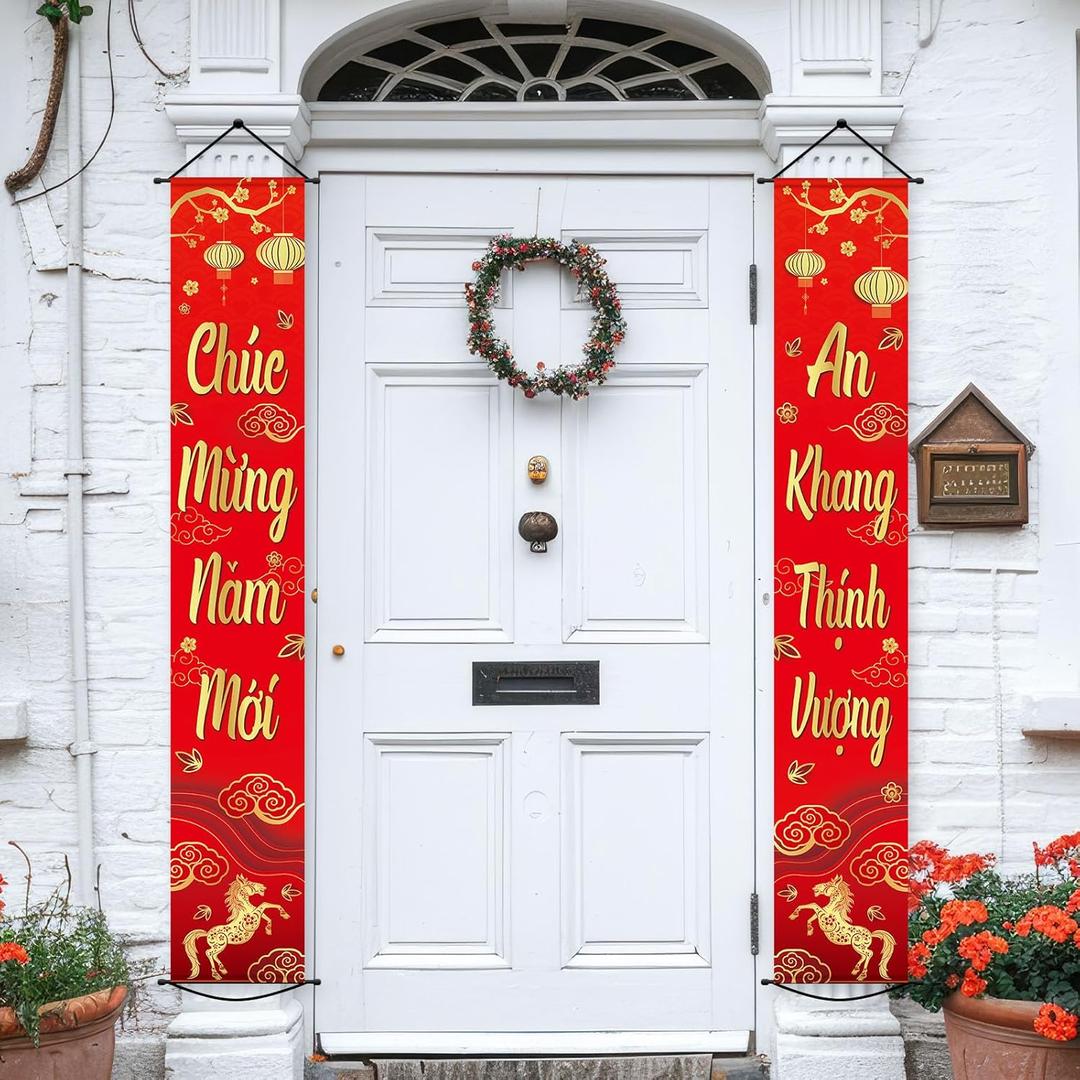 2 Pcs Vietnamese Lunar New Year Banners Party Decorations Vietnamese Happy New Year Porch Sign Banner Spring Festival Banners Supplies for 2026 Years Indoor Outdoor Front Door Wall Party Supplies