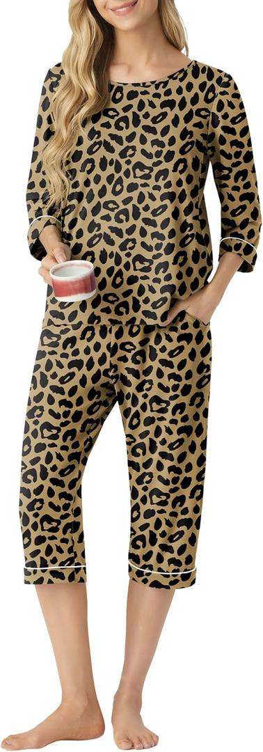 PrinStory Women's Pajama Set Capri Pjs Sets 2 Piece Soft Lounge Sets Sleepwear with Pockets (X-Large, Fp-leopard Khaki)