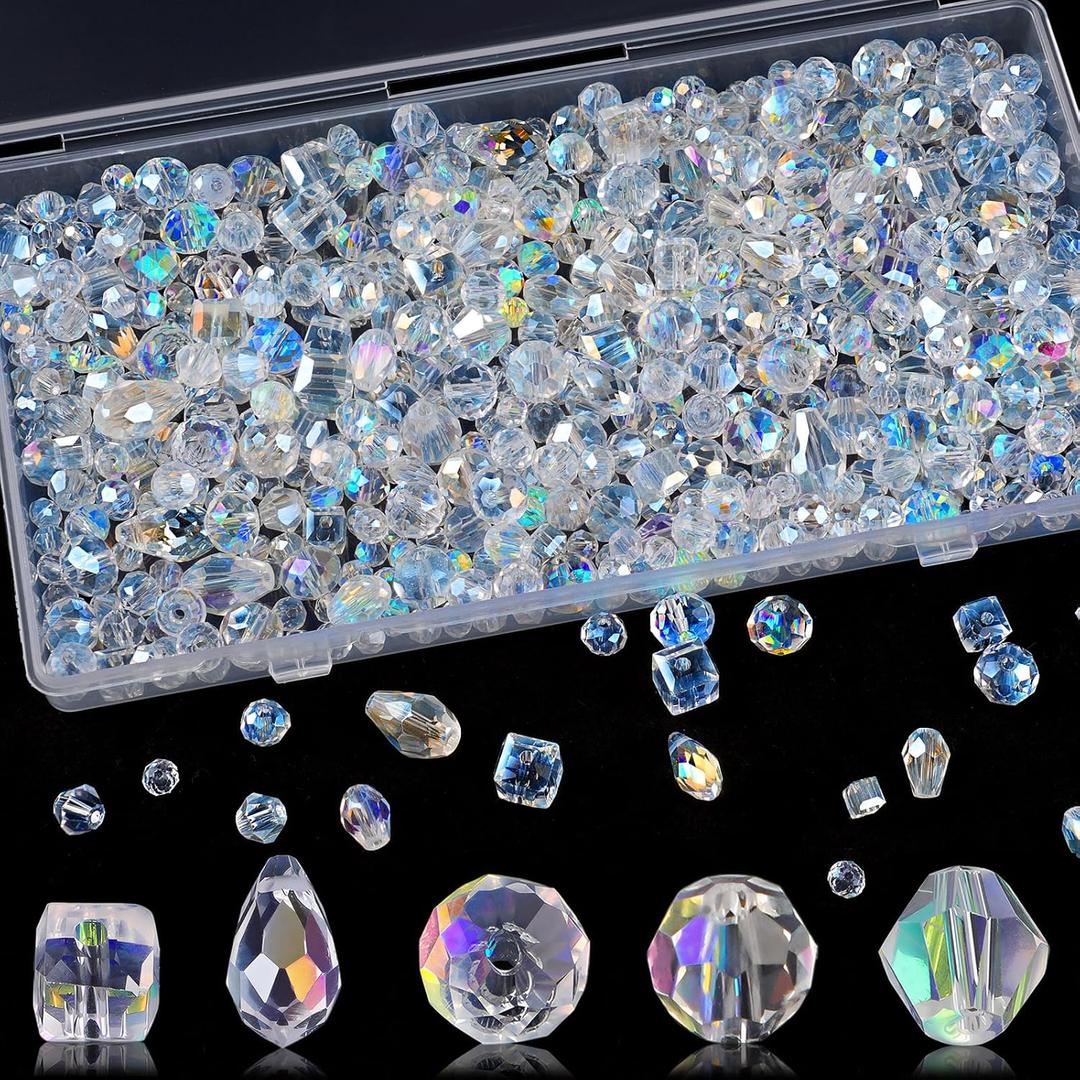 600 Pcs Crystal Glass Beads for Jewelry Making, Crystal Beads with Box, Assorted Bicone, Rondelle, Cube, Teardrop & Spacer Beads for DIY Crafts Bracelets, Necklaces, Earrings, 4/6/8mm, AB Color
