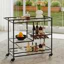 Black Bar Cart, Home Bar Serving Cart with Handle, Wine Cart with 3-Tier Glass Shelves, Beverage Cart with Wine Rack and Glass Holder, Bar Carts for The Home, Dining Room, 3 Tier Black-33.8"w