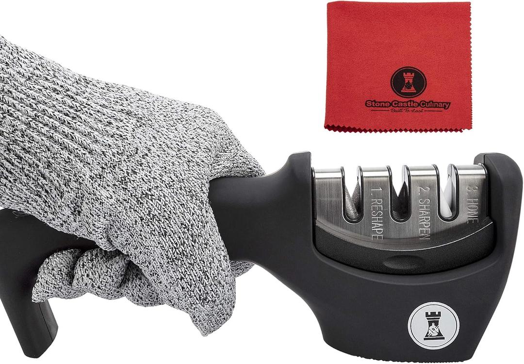 Knife Sharpeners for Steel and Ceramic Kitchen Knives - Manual Handheld System to Safely Sharpen and Hone your Knife - Includes Cut Resistant Glove and Blade Cloth (Black)