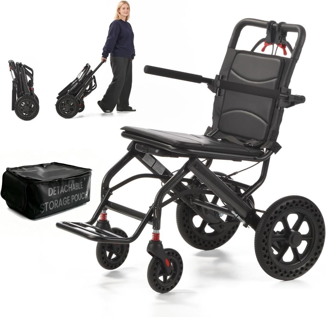 Ultra Lightweight Foldable Adults Wheelchair for Airplane Travel | 21.8 lbs Portable Transport Chair with Attendant Hand Brakes,Flip-Up Armrests, Dual Shock Absorption