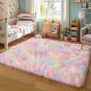 KICHOWUA Thick Area Rug 5x7 Rainbow Fluffy Shag for Girls Bedroom,Ultra Soft Unicorn Plush Fuzzy Washable Thickened Non-Slip Carpet, Pastel Furry Shaggy Rug for Living Room Kids Boys Nursery Dorm