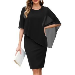 oten Women's Chiffon Wedding Guest Dress Crew Neck Cape Sleeveless Cocktail Birthday Party Midi Dresses (Medium, Black)