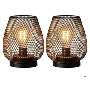 DECORKEY Set of 2 Battery Operated Lamp LED Table Lantern, Brown Metal Cage Cordless Lamps with LED Bulb, Vintage Decorative Outdoor Lantern for Weddings, Parties, Patio, Events for Indoors Shelf Decor