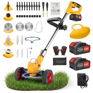 24V Cordless Weed Wacker, 2 x 4.0Ah Battery Powered Weed Eater with Wheel