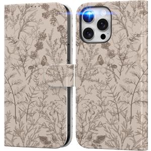 DEENAKIN for iPhone 13 Pro Wallet Case with Card Holder + Cash Clip, RFID-Blocking, Military-Grade Drop Protection, Magnetic Closure with Leather Kickstand - Serene Foliage