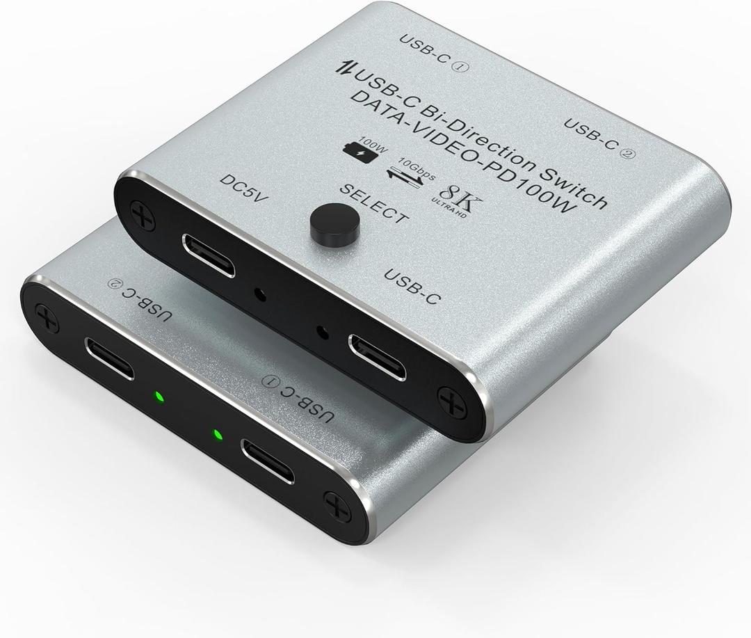 Bi Directional 8K USB C Switcher USB C Switch 2 in 1 Out / 1 in 2 Out - Type C KVM Switch Splitter for 8K@60Hz/4K@120Hz Video Transfer + 100W Charging + 10Gbps Data, with Power Cable