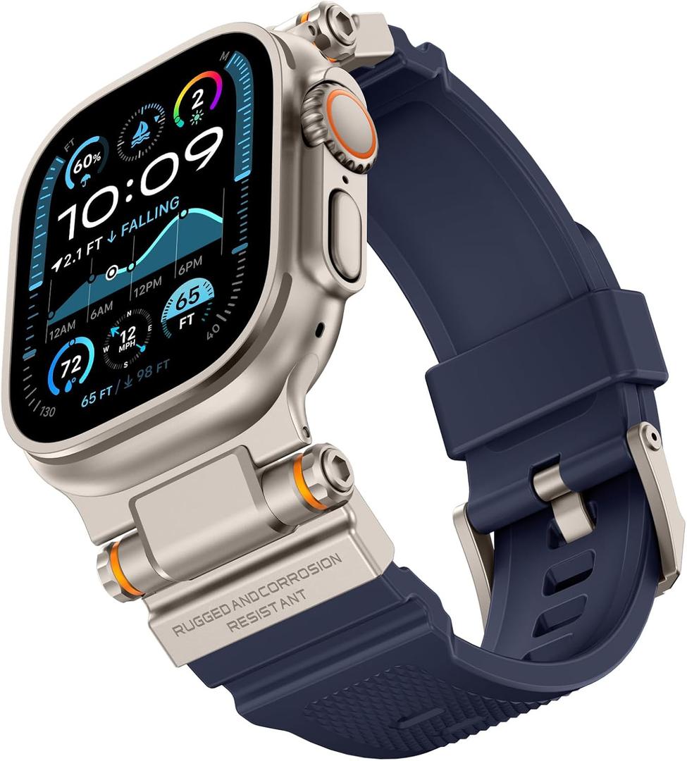Compatible with Apple Watch Ultra 2/1 Band 49mm/46mm/45mm/44mm/42mm for Men, Metal Connector with Silicone Sport Band for iWatch Ultra Series 10/9/8/7/6/SE/5/4/3/2/1, Navy Blue/Titanium