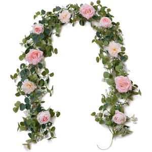 Anna's Whimsy 5.91FT Artificial Eucalyptus Garland With Flowers, Fake Rose Gypsophila, Faux Floral Greenery for Wedding Spring Party Art Table Runner Decor (Pink, 1)