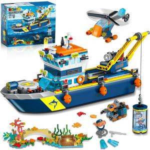 City Floatable Boat Building Set with LED Light - Ocean Arctic Explorer Ship Building Block Kit with Helicopter, Sub Exploration Toy Adventure Set Birthday Gift for Kids Boys Girls 6 7 8 9 10+
