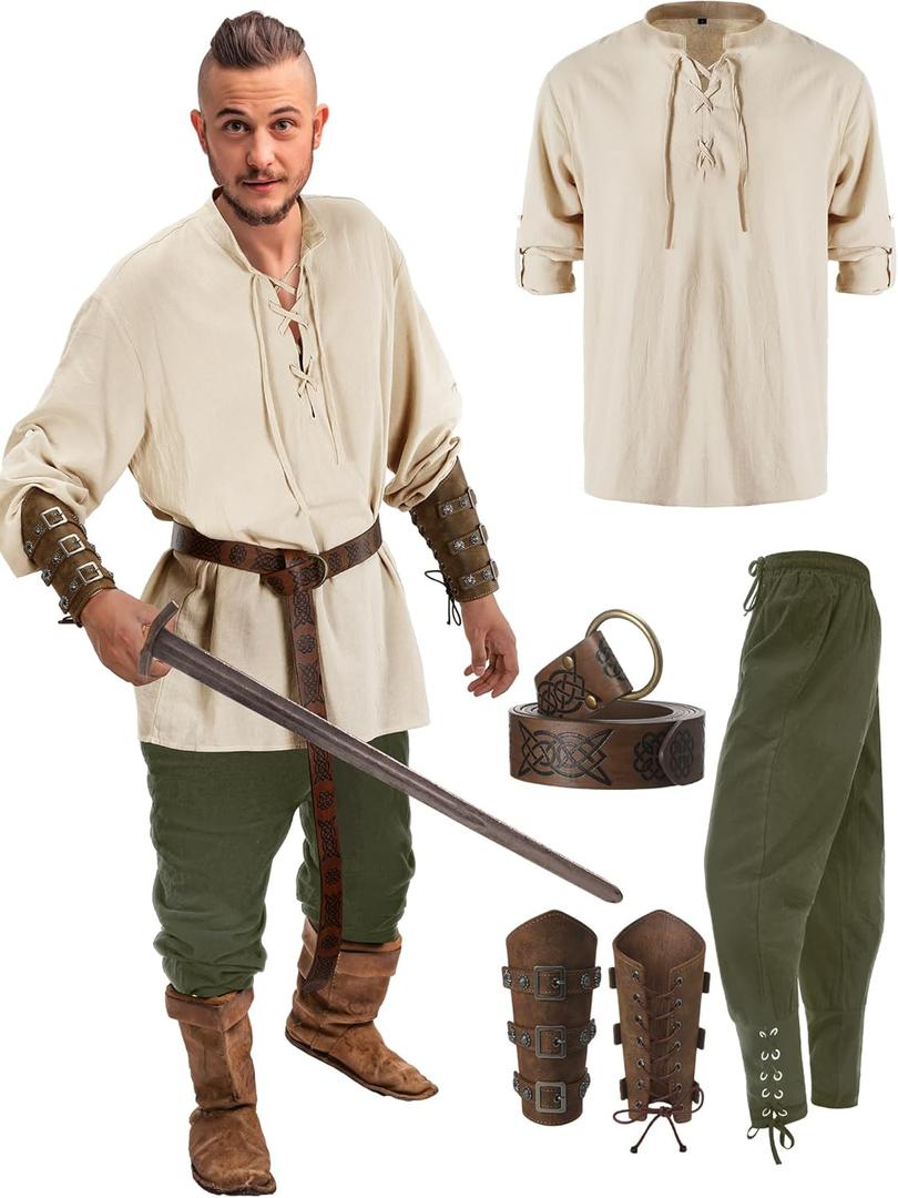 Jiuguva 4 Pcs Halloween Men's Renaissance Costume Set Medieval Pirate Shirt Ankle Banded Pants Viking Belt Accessories (XX-Large)
