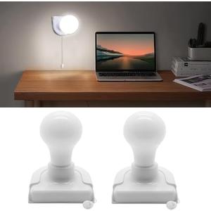 Shuwea 2 Pack Stick-Up Battery Operated Light Bulb, Wireless LED Closet Light Bulb, Self Adhesive Wall Mounted Light Fixture with Pull Chain for Cabinet Bedroom Living Room Kitchen, Milk White Cover