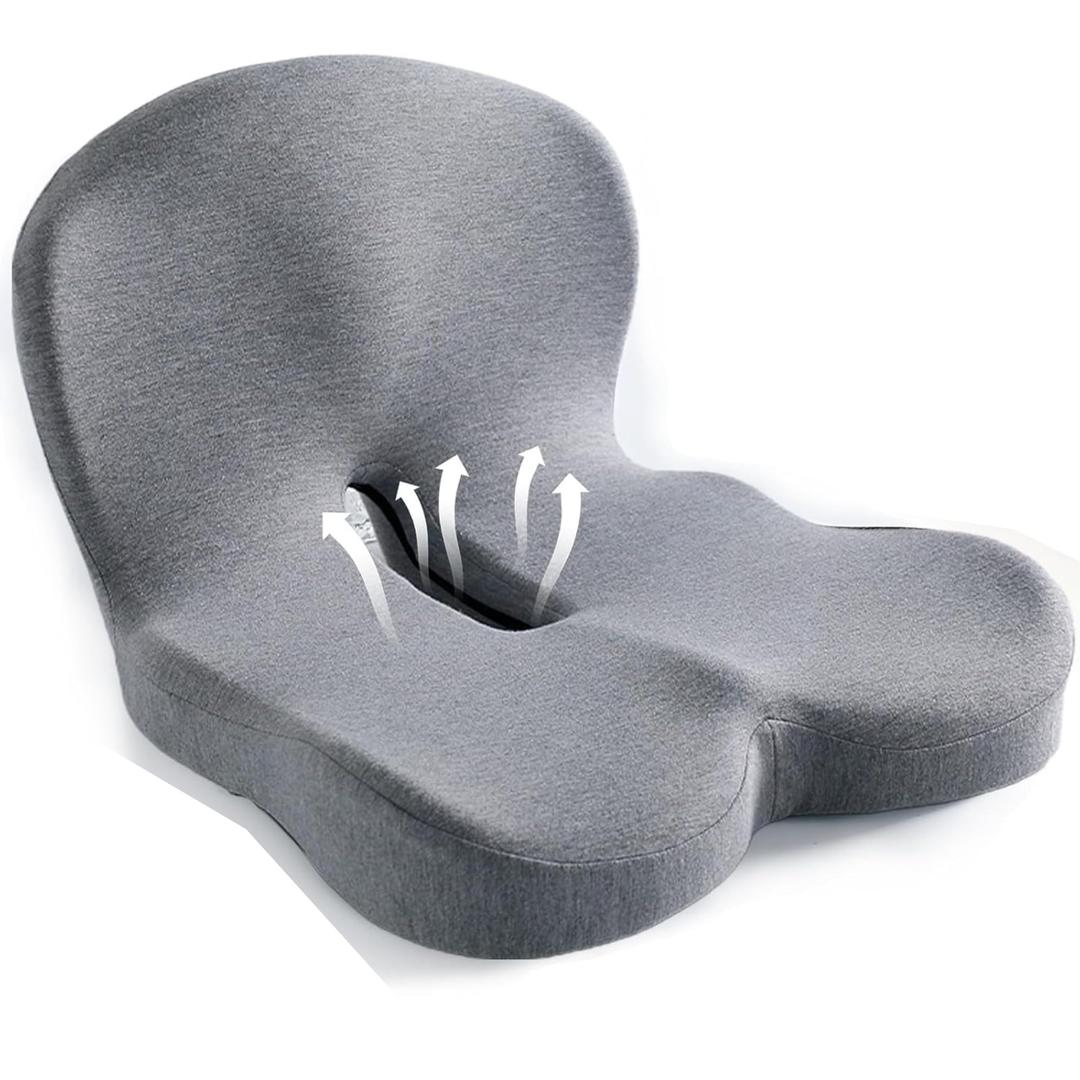 Onever Ergonomic Memory Foam Seat Cushion, Lumbar Support Non Slip for Truck Driver Long Driving Office Chair Back Tailbone Pain Relief Grey