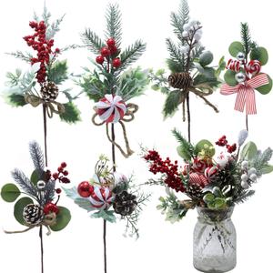 Christmas Floral Picks and Sprays, 6Pcs Artificial Christmas Flowers with Holly Berry Stems, Pinecones for Crafts, Red Berry Picks for Christmas Tree, Wreaths and Holiday Decorations