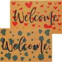 2 Pcs Welcome Doormat Set Shamrock Hearts Imitation Coconut Coir Door Mat Valentines Day St. Patrick's Day Welcome Rug Outdoor Entrance Non Slip Mat for Porch Entry Staircase Bathroom Decor