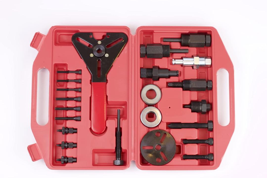 PMD Products AC Clutch Removal Tool - 23 Piece Compressor Tool kit - Complete Set of Automotive Tools - Mechanic Tool Set for Removal and Installation of air Conditioner Clutch hub with Spanner