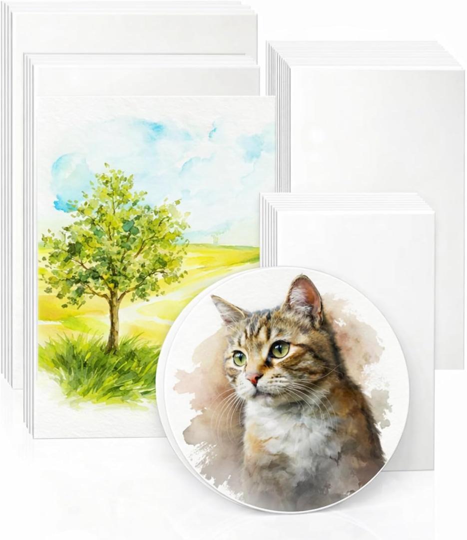 Dunzoom 100 Sheets Watercolor Paper Bulk 6 Sizes White Water Color Paper Cold Press 250 GSM Watercolor Artist Painting White Craft Art Supplies 9'' x 12'' 8'' x 10'' 8''x8'' 6''x 6'' 5''x7'' 4''x6''