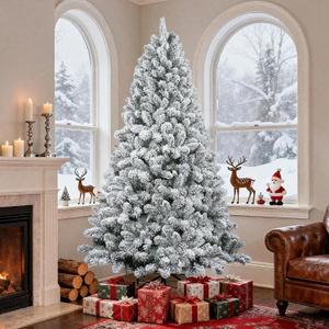 6 FT Snow Flocked Artificial Full Christmas Tree, Unlit Pine Christmas Tree with 760 Branch Tips and Foldable Base, Hinged Holiday Tree for Home, Party Decoration (Unlit Green-White, 6FT)
