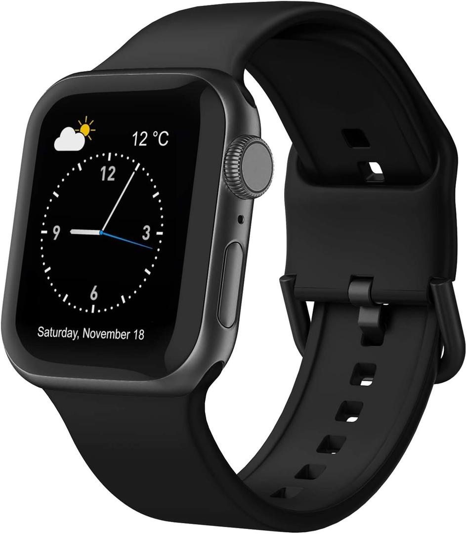 Sport Band Compatible with Apple Watch Bands 49mm 45mm 44mm 42mm 41mm 40mm 38mm, Soft Silicone Wristband Replacement Strap with Classic Clasp for iWatch Series 9 Ultra SE 8 7 6 5 4 3 2 1 for Women Men (Black)