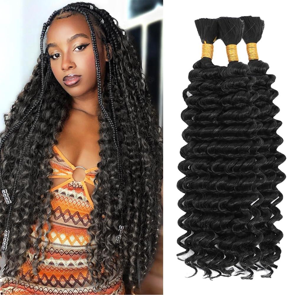#1B Human Braiding Hair for Boho Braids 150g 3 Bundles 32 32 32 Inch Deep Wave Bulk Hair No Weft Curly Human Hair Extensions for Braids Wet and Wavy Braid Natural Color