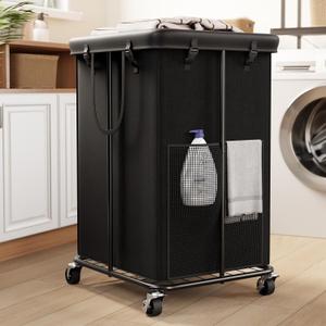 150L Laundry Basket with Wheels, Rolling Laundry Hamper with Cloth Cover, Laundry Cart with Metal Frame & Removable Bag, Large Dirty Clothes Hampers for Bedroom Aesthetic, Laundry Room Bathroom, Black