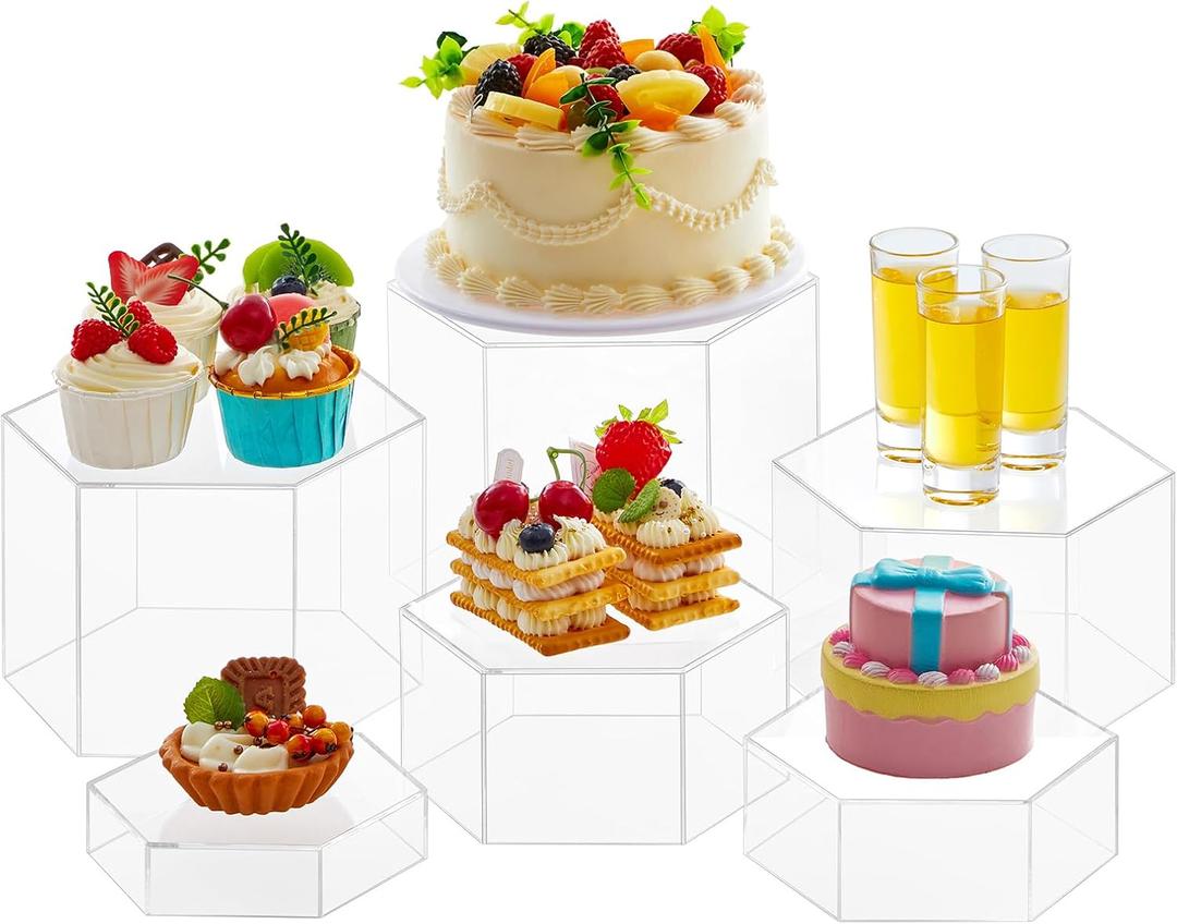 Leinuosen 6 Pcs Large Buffet Risers, 5.5 to 8 Inch Catering Dessert Table Risers Food Decorative Stands with hollow bottom for Catering Supplies, Party (Clear, Hexagonal)