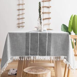 Oubonun Tablecloths for Rectangle Tables, Cotton Linen Waterproof Farmhouse Table Cloth with Boho Tassels Wrinkle Free, Wipeable & Washable for Kitchen & Dining, 55''x86'', 6-8 Seats