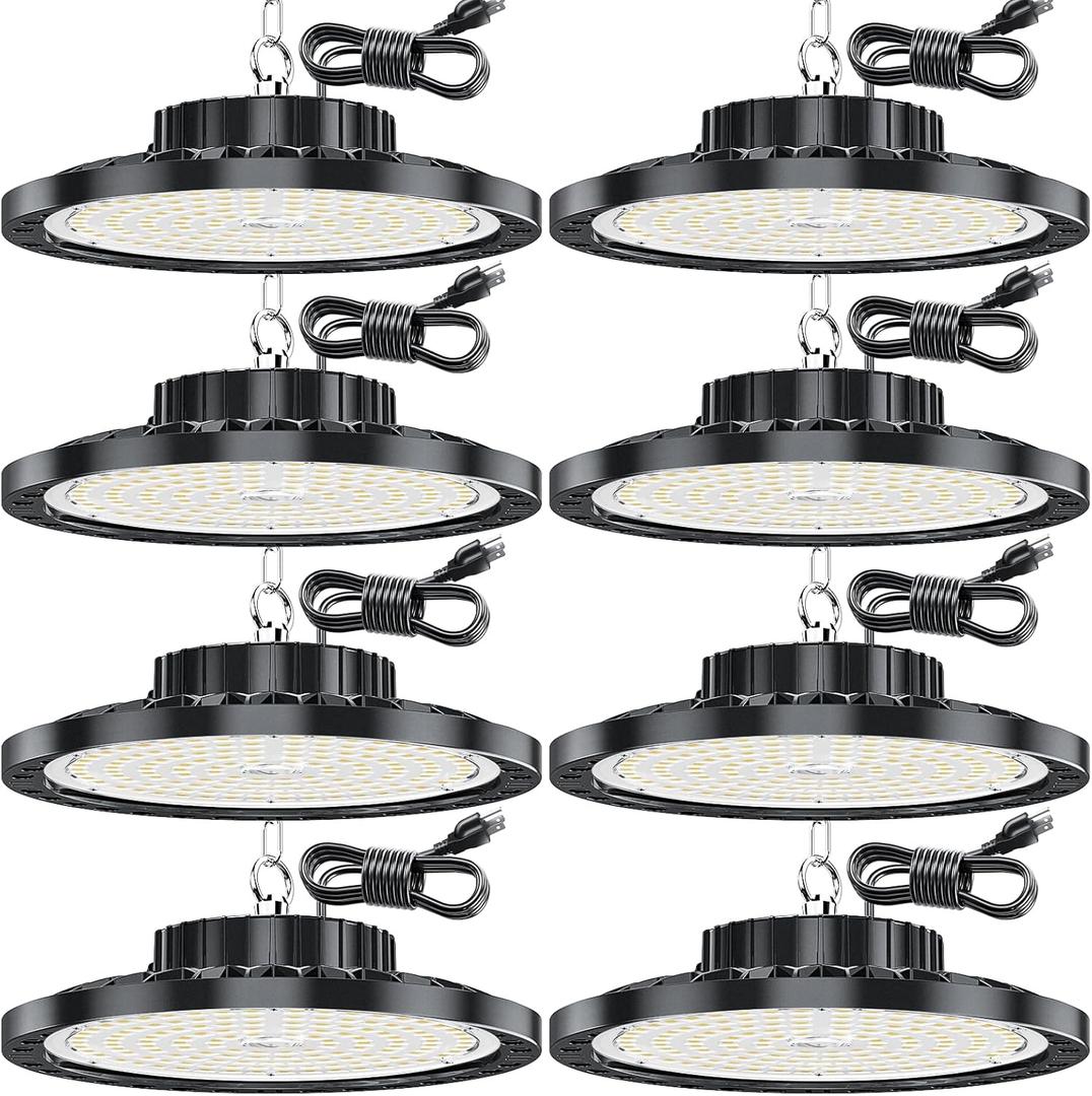 LED High Bay Light 8 Pack, 100W 15000LM UFO Lights with US Plug 6.56ft 7000K Extremely Bright Color Temperature LED Shop Light, Waterproof Commercial Industrial Venues Lighting Lights