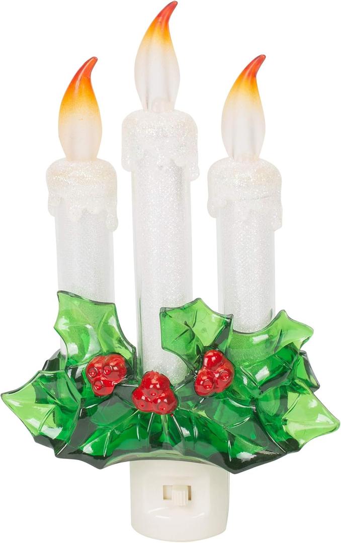 Three Dipped Candles With Holly 7.75 Inch Acrylic Decorative Swivel Plug Flickering Night Light