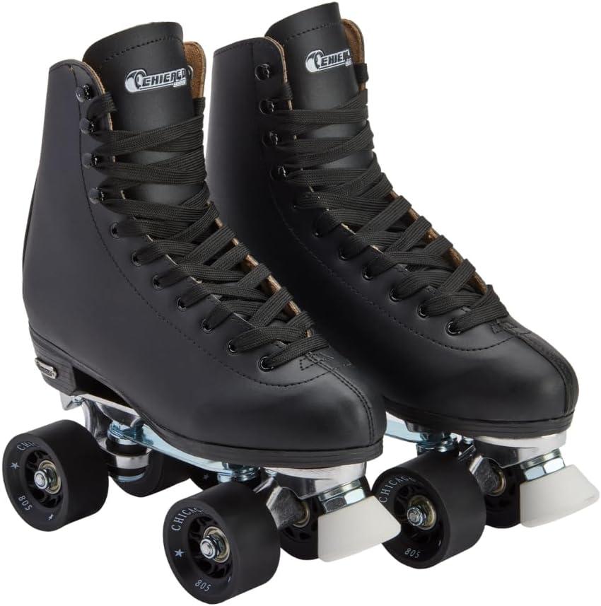 Chicago Quad Roller Skates for Women & Men  Durable, Top Performance Indoor/Outdoor Use or Roller Derby - Classic Deluxe Leather High-Top Boots with 60mm Urethane Wheels & Semi-Precision Bearings (Black)
