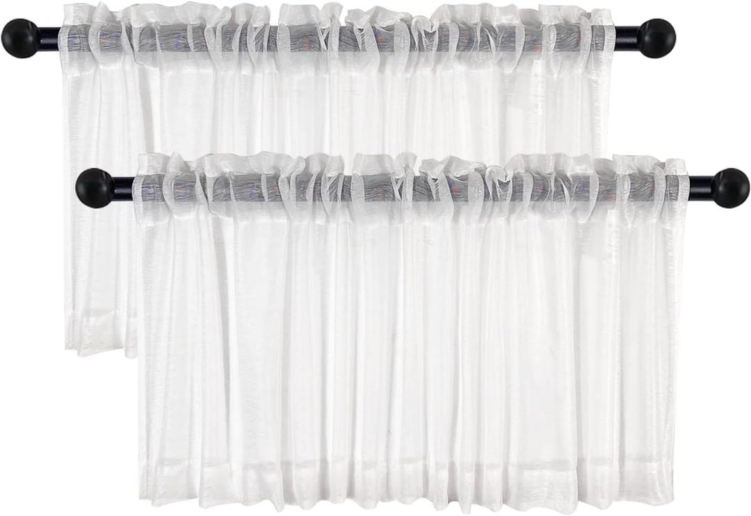 White Sheer Valances for Windows - Light Filtering Semi Sheer Valances for Living Room/Bedroom/Kitchen/Bathroom/Cafe - Transparent Window Valance Curtains with Rod Pocket 2 Panels 52x18 Inches Long