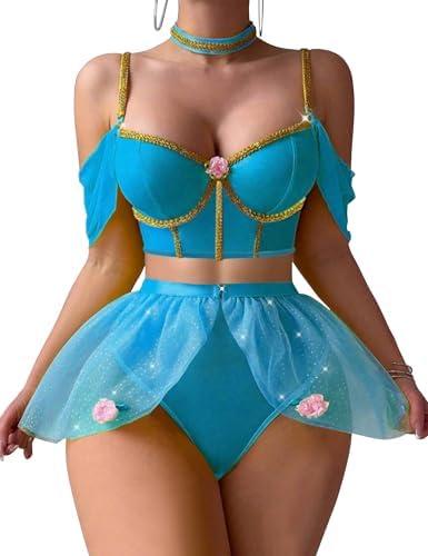 Mixxmix Lingerie Sets for Women Sexy Princess Costumes Cosplay Outfits Halloween Lingerie Roleplay with Bra and Panty, Blue, Size M