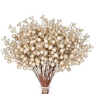 HOHOTIME 36Pcs Christmas Glitter Berries Stems, 9.5 Inch Artificial Christmas Tree Picks for Christmas Tree Decorations Ornaments DIY Crafts Vases Holiday Wedding Home Xmas Decor(Champagne)