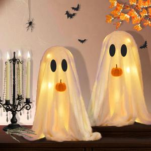 2 Packs Halloween Decorations Indoor - Ghost Decor Kit Cute Sherpa Ghost Light Up Spooky with Pumpkin, Ghosts Halloween Decor Party Home Mantel Shelf Table Fireplace Office