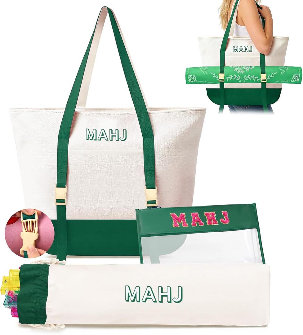 Empty Mahjong Tile Bags Set for American Tiles and Racks,Canvas Tote Bag with Mat Holder Accessories Organizer,Portable Mahjong Case Drawstring Protective Sleeve for Rack Pushers,Green