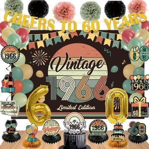 Vintage 47Pcs 60th Birthday Decorations for Men & Women, Pre-Assembled Set. | Back in 1966 Oversized Backdrop, PRE-ASSEMBLED Banner, 6 Hanging Swirls & Cake Topper, 18 Balloons, 6 Centerpieces, 6 Pompoms