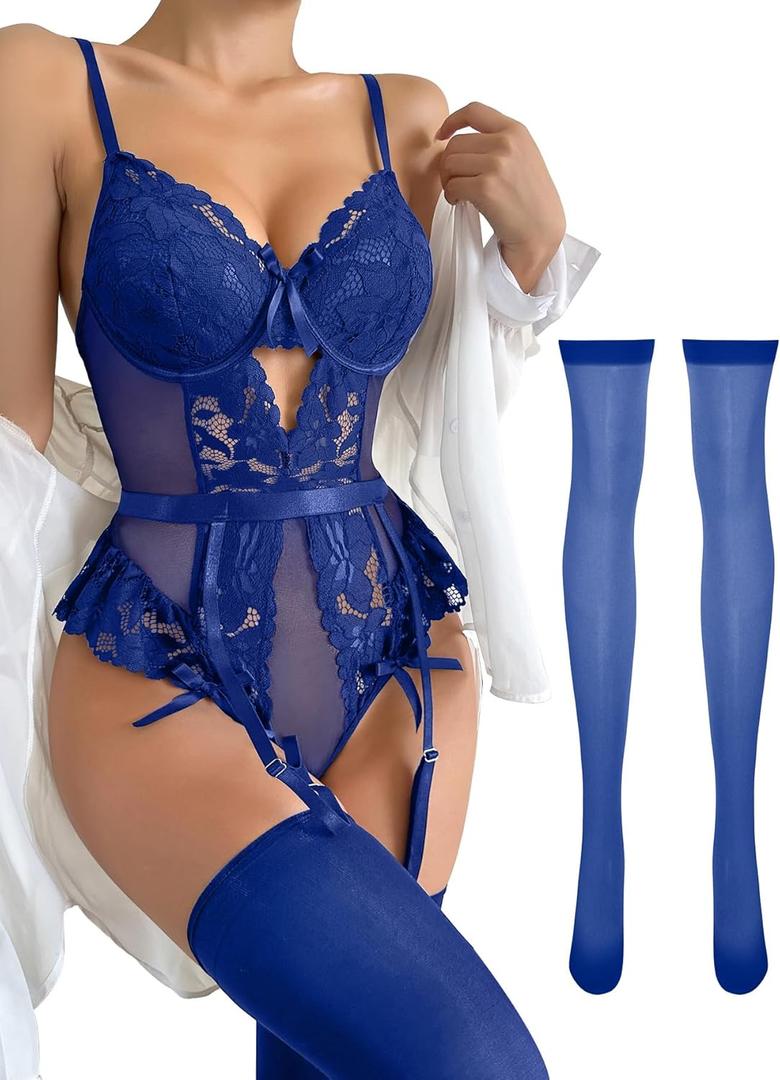Lilosy Sexy Stocking Lace Mesh Bodysuit Top Underwire Garter Lingerie Set 3 Piece (Blue, L)