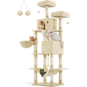 Feandrea Cat Tree, 81.1-Inch Large Cat Tower with 13 Scratching Posts, 2 Perches, 2 Caves, Basket, Hammock, Pompoms, Multi-Level Plush Cat Condo for Indoor Cats, Beige UPCT190M01