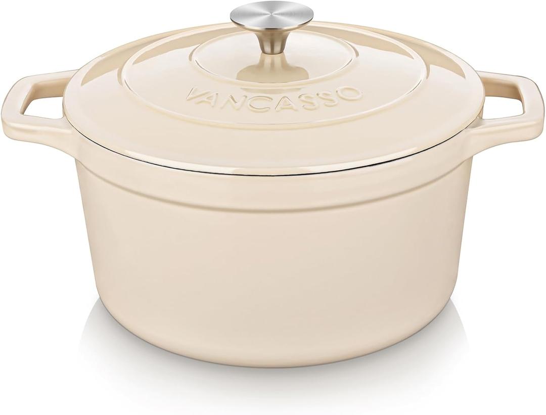 vancasso 2.5 QT Enameled Cast Iron Dutch Oven with Stainless Steel Knob Lid  Small Non-Stick Casserole for Steaming, Baking, and Roasting  Cream Color