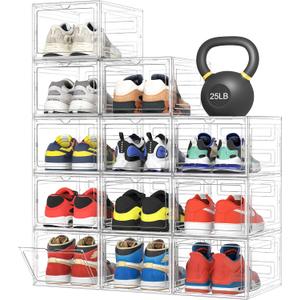 Pinkpum Upgraded Hard Shoe Storage Box 12 Pack X-Large Fit Size 12, Thicken & Sturdy Clear Plastic Stackable Shoe Organizer Box Closet, Sneaker Storage Display Case Holder Bins with Magnetic Door