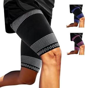 ABYON Thigh Compression Support Sleeves (1 Pair), Thigh Brace Breathable Elastic for Hamstring Quadricep Pain Relief, Anti-Slip Upper Leg Sleeves for Men and Women (Small, Black-Blue)