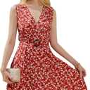 Women's Summer Floral Dress Sleeveless V-Neck Dress with Pockets - Fit and Stylish for Daily Wear (Red, L)