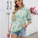 Blooming Jelly Women's Dressy Casual Blouses Summer Spring Floral Work Tops V Neck Short Sleeve Shirts Outfits(Green and Yellow,Large)
