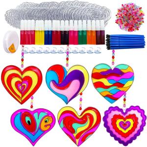 AUEKIV Valentines Suncatcher Crafts Kit 30 Sets Heart Suncatchers Window Art Paint Sun Catcher DIY Craft Kits Heart for Valentine's Day Classroom Activities Party Gift Exchange